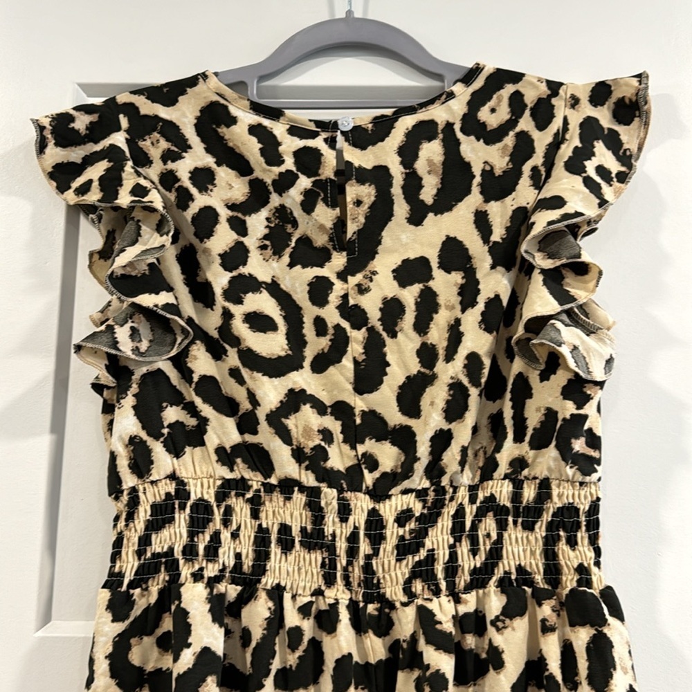 Women’s Animal Print Leopard Black Tan Maxi Long Ruffle Sleeve Dress Medium - Picture 6 of 8